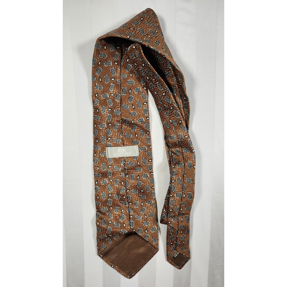 VTG Stafford Mens Silk Tie Made in Italy Brown Geometric Pattern Necktie 0040